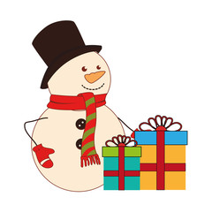 color silhouette with snowman and gift boxes vector illustration