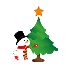 color silhouette with snowman and christmas tree vector illustration