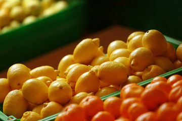 Baskets with citrus fruits in market