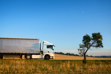 White truck driving on the road horizon along the agricultural fields with silhouette of a tree under blue sky with the crescent moon