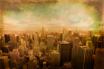 New York City skyline view across Manhattan with vintage texture effect