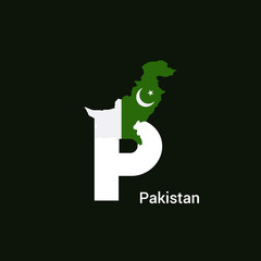 Pakistan Initial Letter Country with Flag Map Vector