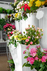 Fototapeta na wymiar Plastic vases with beautiful roses in flower shop