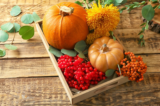 Pumpkins, rowan and viburnum in box on wooden background