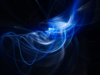 Abstract background element. Fractal graphics series. Three-dimensional composition of glowing lines and halftone effects. Information and energy concept. Blue and black colors.