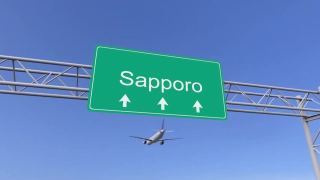 Twin engine commercial airplane arriving to Sapporo airport. Travelling to Japan conceptual 4K animation