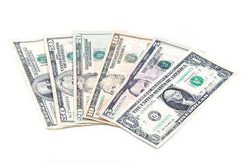 Fan of us dollar bank notes isolated on white background