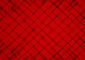 Abstract red background covered are unevenly intersecting blurred black thin lines 
