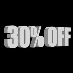 30 percent off letters on black background. 3d render isolated.