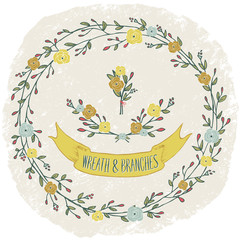 Vector illustration set of a floral frame wreath and a ribbon