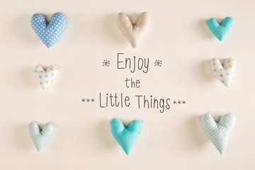 Enjoy The Little Things message with blue heart cushions