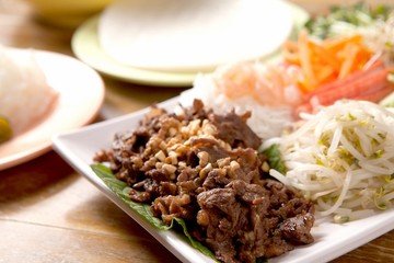 Fresh vegetables, delicious meat, rice noodles, rice wrapped with rice paper