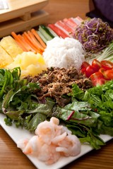 Fresh vegetables, delicious meat, rice noodles, rice wrapped with rice paper