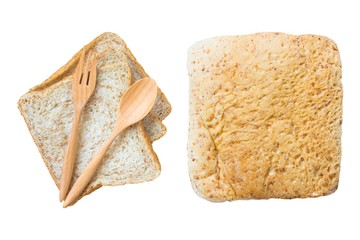bread and wood spoon  isolated on white background / copy space / top view. clipping path included 