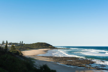 Beautiful beach view in sunny day with cloudless blue sky in Ballina, Australia 