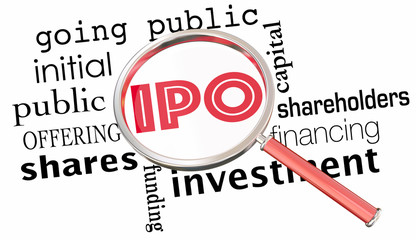 IPO Initial Public Offering Stock Sale Magnifying Glass 3d Illustration