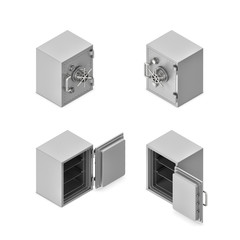 3d rendering of a metal safe box in open and closed state in double-sided isometric view.