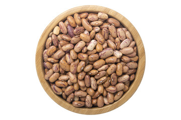 Indian kidney beans in wooden bowl isolated top view on white