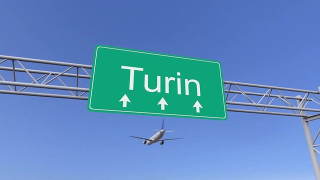 Twin engine commercial airplane arriving to Turin airport. Travelling to Italy conceptual 4K animation