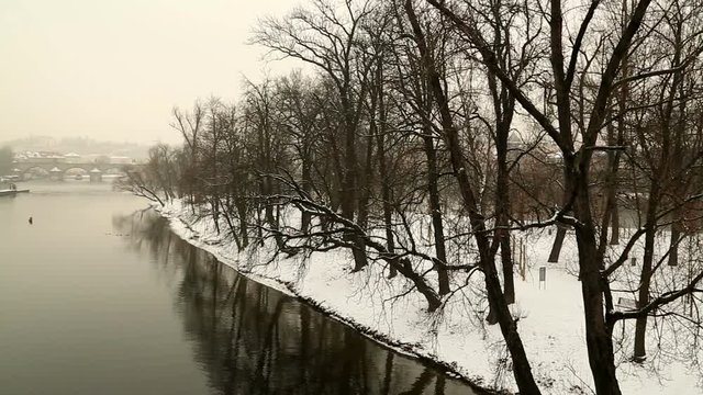 View of the bridge over the Vltava river in Prague at  foogy winter day Feb 07, 2017 Prague  Czech Republic.