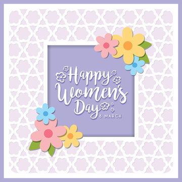 Happy Women's Day greeting card with lettering and flowers on purple die cut background. 8 march vector Illustration.