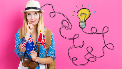 Light Bulb with young woman with flags