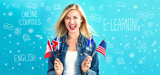 E-Learning theme with young woman with flags