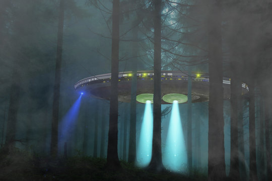 Spaceship landing in a forest at night