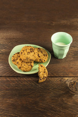 Chocolate chips cookies with glass of milk and copyspace