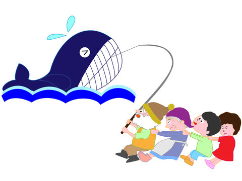 鯨を釣った漁師を手伝う子供たち