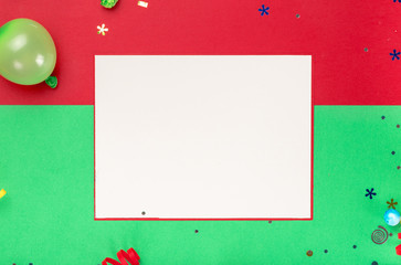 Blank card with streamers, confetti and balloon on colorful background