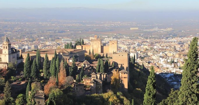Panoramic view on moorish Alhambra fortress in Granada, Andalusia, Spain
