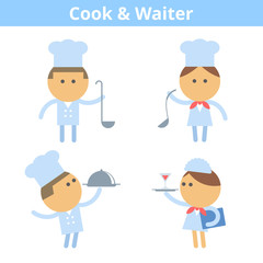 Occupations cartoon character set: cook, chef and waiter. Vector flat kitchen, restaurant, cooking professions userpic and icons. Collection for profiles, web design, social networks and infographics.