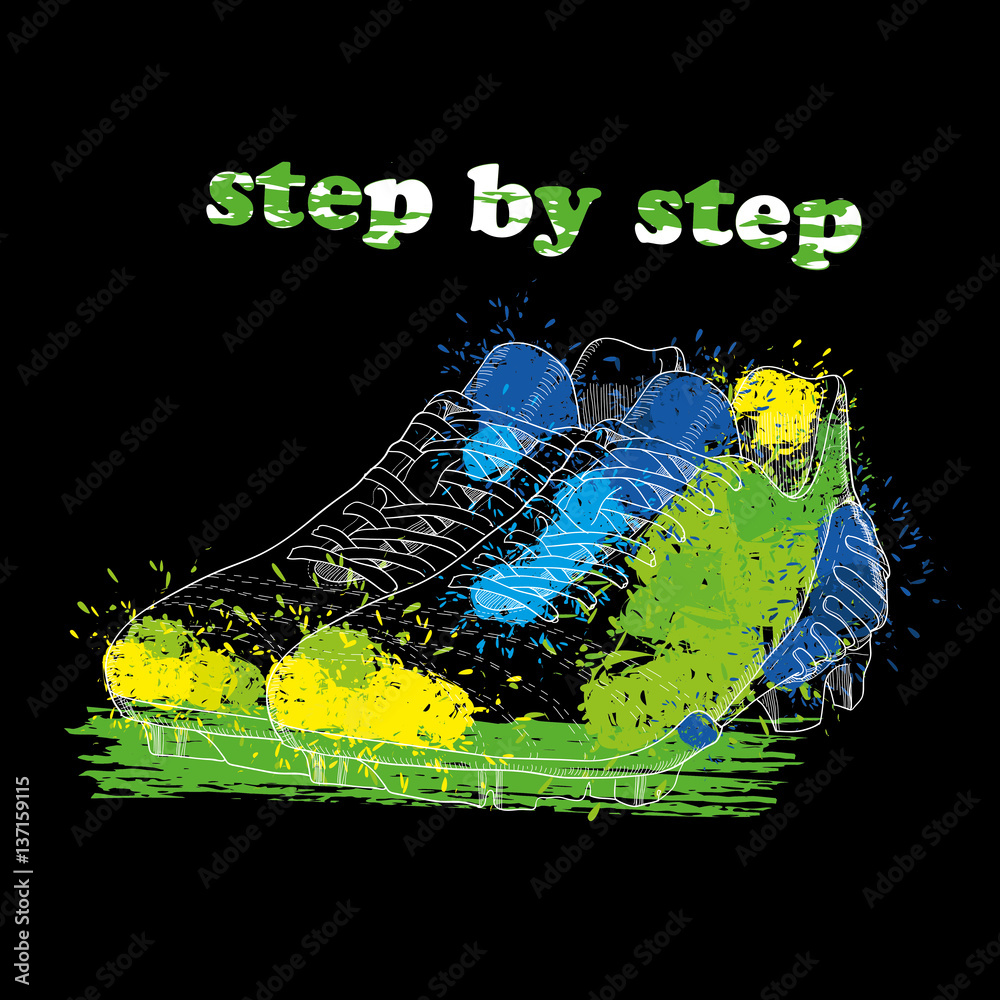 Wall mural Hand drawn football boots with watercolor effect, ink, art and blot object. Step by step. Green spring.