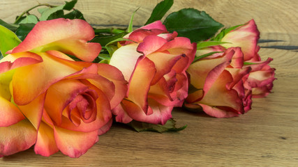 Roses in two colors as a background a wooden table