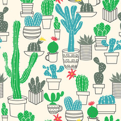 Seamless pattern of cute potted cactuses