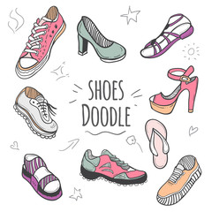 Boots colorful doodle collection. Set of doodle shoes with sneakers, loafers, flip flops and sandals.Vector pastel colors illustration.