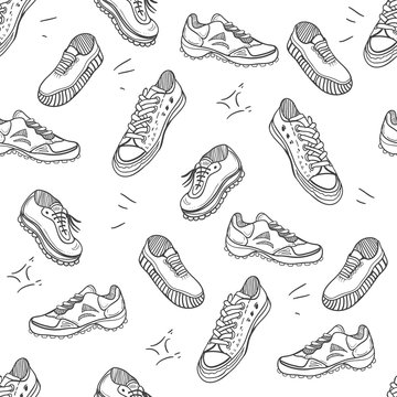 Boots doodle pattern. Background with doodle shoes with sneakers, loafers and sport boots.Vector black and white illustration.