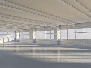 Sunny big open area with windows. 3D rendering.