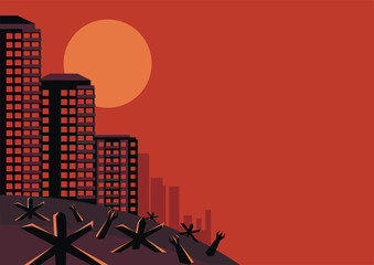 The city which has burned out, destroyed by bombings. Vector background. A template for an anti-war poster. © olga_a_belova