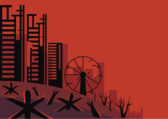 The city which has burned out, destroyed by bombings. Vector background. A template for an anti-war poster. © olga_a_belova