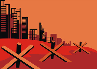 The city which has burned out, destroyed by bombings. Vector background. A template for an anti-war poster. © olga_a_belova