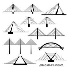 Set of nine stylized bridges. Black silhouettes of different modern cable-stayed bridge on a white background. Vector. - obrazy, fototapety, plakaty