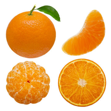 Collection tangerine or clementine fruits and peeled segments isolated on white background with