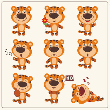 Funny little tiger set in different poses. Collection isolated tiger in cartoon style.