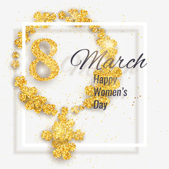 Vector 8 March Happy International Women's Day greeting card with female gender symbol made with sparkling gold glitter flowers