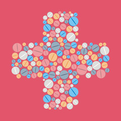 Colorful pills tablets icons in cross shape vector background. Medicine health care symbols.