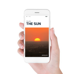 Woman using her smart phone for searching the Beautiful Sunrise over the woodland information. Traveling concept, isolated on white background.