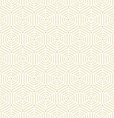 Geometric repeating ornament with hexagonal dotted elements. Seamless abstract modern pattern. Golden and white pattern
