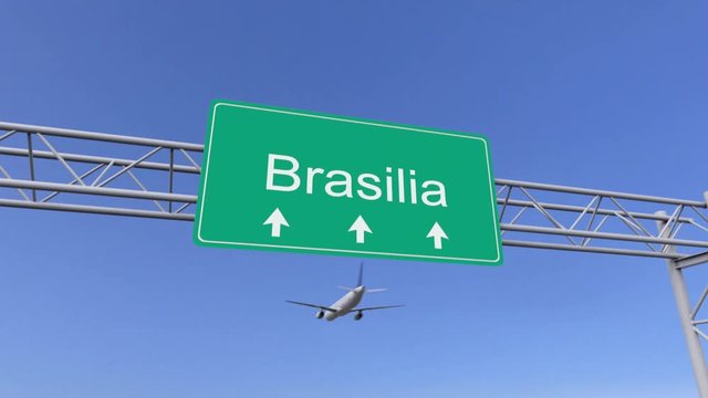 Twin engine commercial airplane arriving to Brasilia airport. Travelling to Brazil conceptual 4K animation